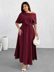 Firerie Vestido asimétrico de cuello minimalista y unicolor para tallas grandes - Burdeos - Ver 7