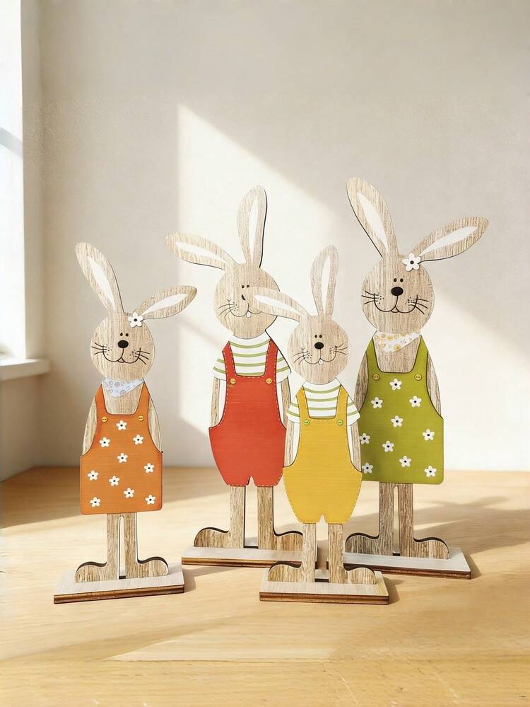 Madebyblanc 4 PCS Set Decorative Multicolor Painted Rabbit Bunny Wooden Plaques Signs Easter Thanksgiving Party Home Farmhouse Rustic Wall Hanging Holiday Decorations Perfect Gift - multicolor - View 8