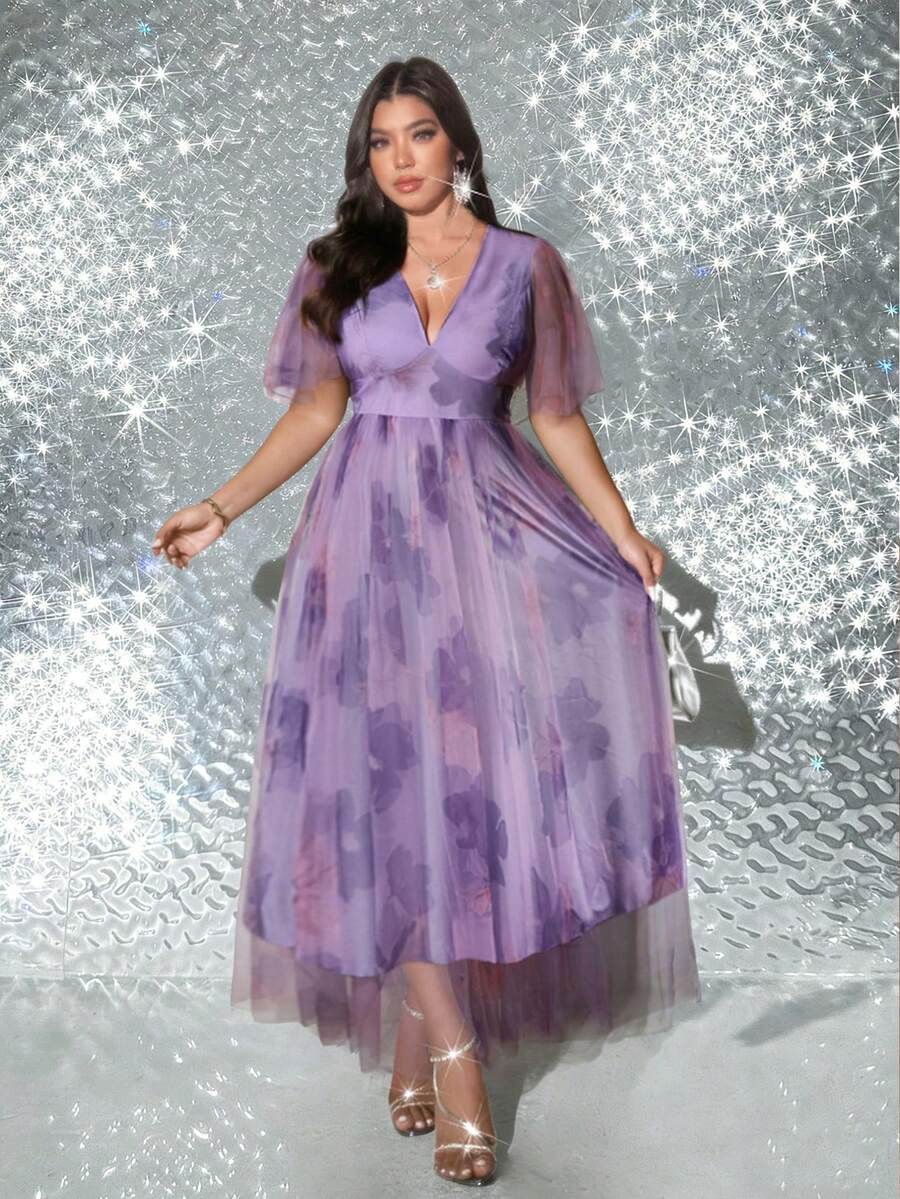Viva Relle Modest Plus Size Shirred High-Quality Mesh Printed Flared Waist Dress - Multicolor - View 1
