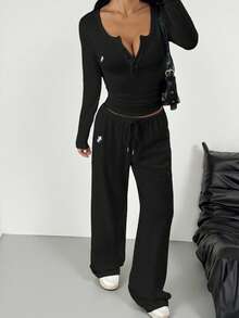SHEIN EZwear 女款黑色針織長袖上衣與長褲休閒套裝，棉質舒適兩件套居家休閒服 - 黑色 - 查看 5