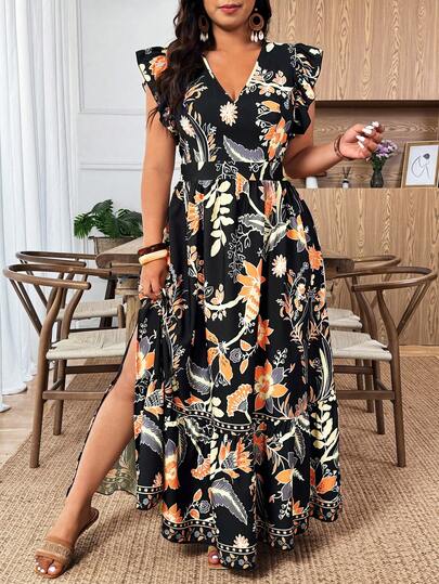 Weeklong Plus Size Women V-Neck Cap Sleeve Cinched Waist Flared Hem Printed Casual Vacation Dress