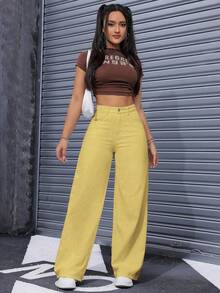 Rivivi 大码女式纯色极简夏季牛仔裤 - 黃色 - 查看 6