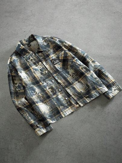 PAVTROS Men's Letter & Patch Print Long Sleeve Single-Breasted Casual Pocket Shirt Men's Boxy Shirt Crop Men's Shirt Men's Shirt Grunge Men's Cropped Button Up Plaid Jacket Men