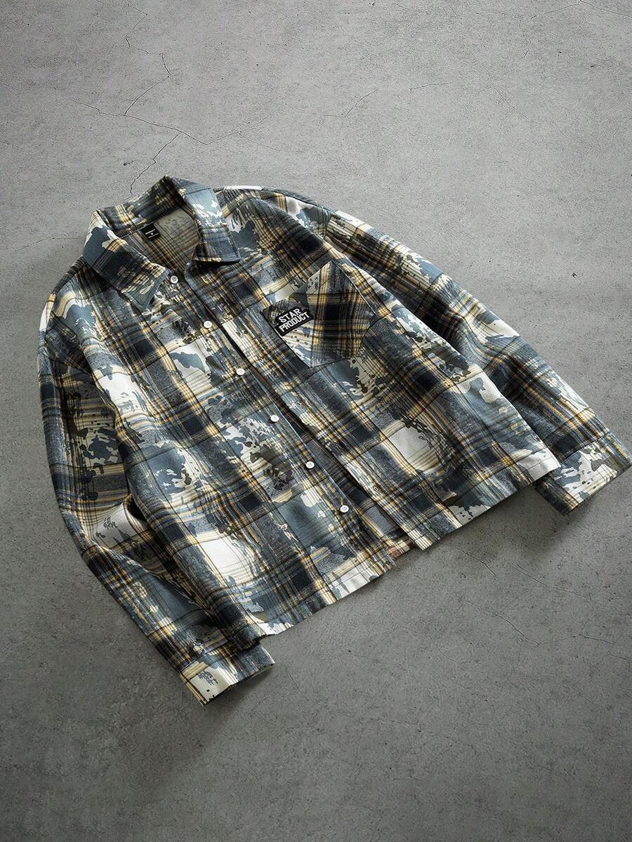 PAVTROS Men's Letter & Patch Print Long Sleeve Single-Breasted Casual Pocket Shirt Men's Boxy Shirt Crop Men's Shirt Men's Shirt Grunge Men's Cropped Button Up Plaid Jacket Men - Multicolor - View 1