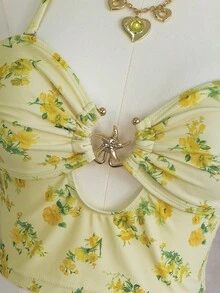 Bellisia 女士最新时尚甜美风吊带浅黄色碎花吊带背心，饰有金属星星，镂空泳装三件套，春夏女士度假套装，辣妹风女士夏季服装，女士春季服装，复古女士夏季服装 - 彩色 - 查看 7