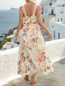 Breezaya Vacation Style Sexy Ruffle Hollow Out Camisole & A-Line Skirt 2-Piece Set For Women, Summer (Printed Asymmetrical ) Boho Two Piece Set Summer 2 Piece Sets Woman - Apricot - View 2