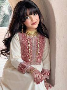 SHEIN 少女休闲圆领长袖连衣裙 - 卡其色 - 查看 1