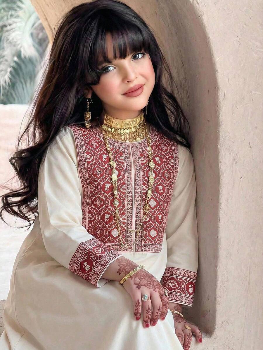 SHEIN 少女休闲圆领长袖连衣裙 - 卡其色 - 查看 1