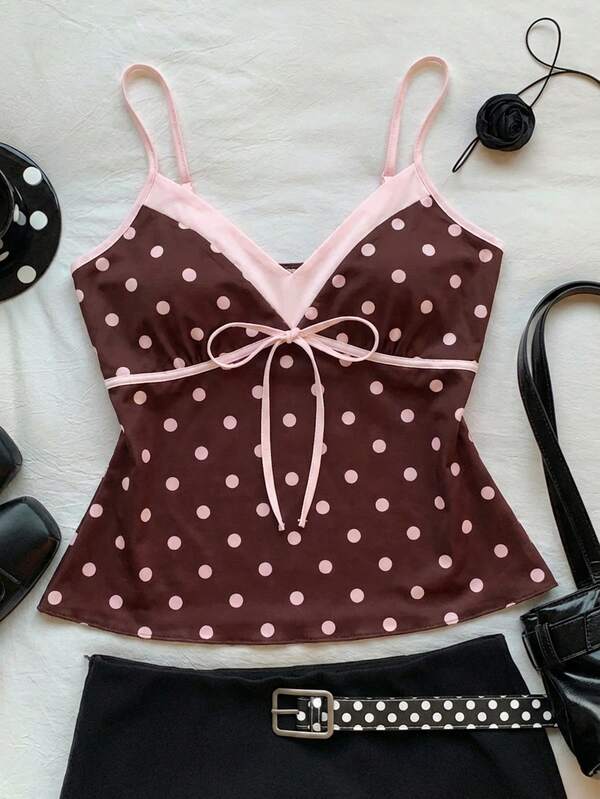 Comfortcana 2026 Nuevo Camisol de satén con estampado de lunares de cuello en V para mujeres, conjunto de moda para verano/primavera, casual para vacaciones, adecuado para el Día de San Valentín, camisol de satén con estampado de lunares en color marrón chocolate, talla S