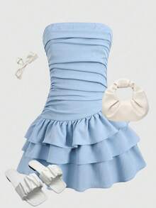 Girlism 少女夏季休闲度假简约舒适叠层荷叶边抹胸连衣裙 - 藍色 - 查看 2