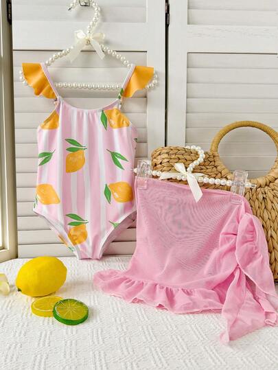 Traje de baño de una pieza con estampado de limón y mangas con volantes, con falda a juego, adecuado para vacaciones en la playa, fiestas en la piscina y fiestas en la playa, para niñas