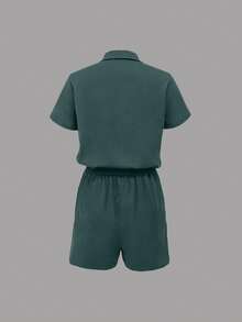 SHEIN LUNE Romper Wanita Kasual Musim Panas Warna Polos Kancing Setengah Resleting Tali Serut di Pinggang - Hijau - View 2