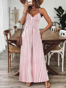 Breezaya Damen lässiger Jumpsuit mit Blume Muster, weiter Passform, mit Spaghettiträgern und offenem Rücken, für Frühling/Sommer - Pink - Übersicht 3