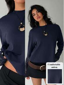 Aloruh Áo thun nữ dáng ôm cổ tròn màu trơn, kiểu dáng thường ngày, phối ren ngọt ngào. - Màu xanh hải quân - Xem 7