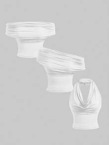 SHEIN MOD 女士95%棉三穿纯色修身上衣（黑色、白色和宝石蓝） - 垂领、露肩、无肩带，休闲美观的春夏上衣，适合参加节日、海滩度假、下午茶会、舞会、嘉年华、西部风情等场合，可爱又时尚。 - 彩色 - 查看 4