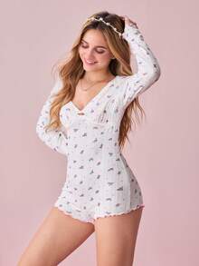 Bonmuse Women's Long Sleeve Floral Print Contrast Lace Trim Fitted Jumpsuit Pajamas - White - View 6