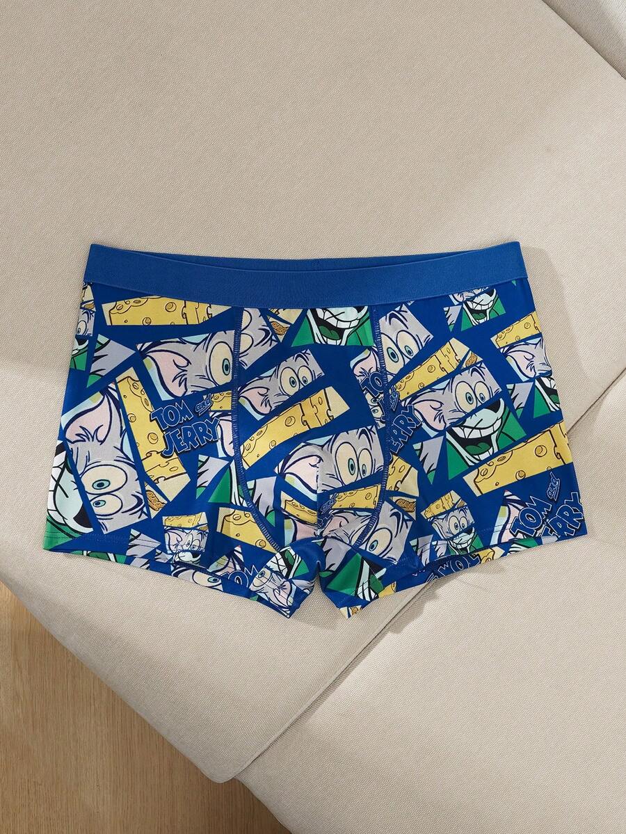 TOM & JERRY X SHEIN Men's Cartoon Pattern Comfortable Boxer Briefs, Suitable For Daily Wear - Blue - View 1