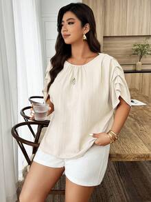 SHEIN LUNE 大码女式春夏圆领褶皱袖宽松休闲衬衫 - 杏色 - 查看 5