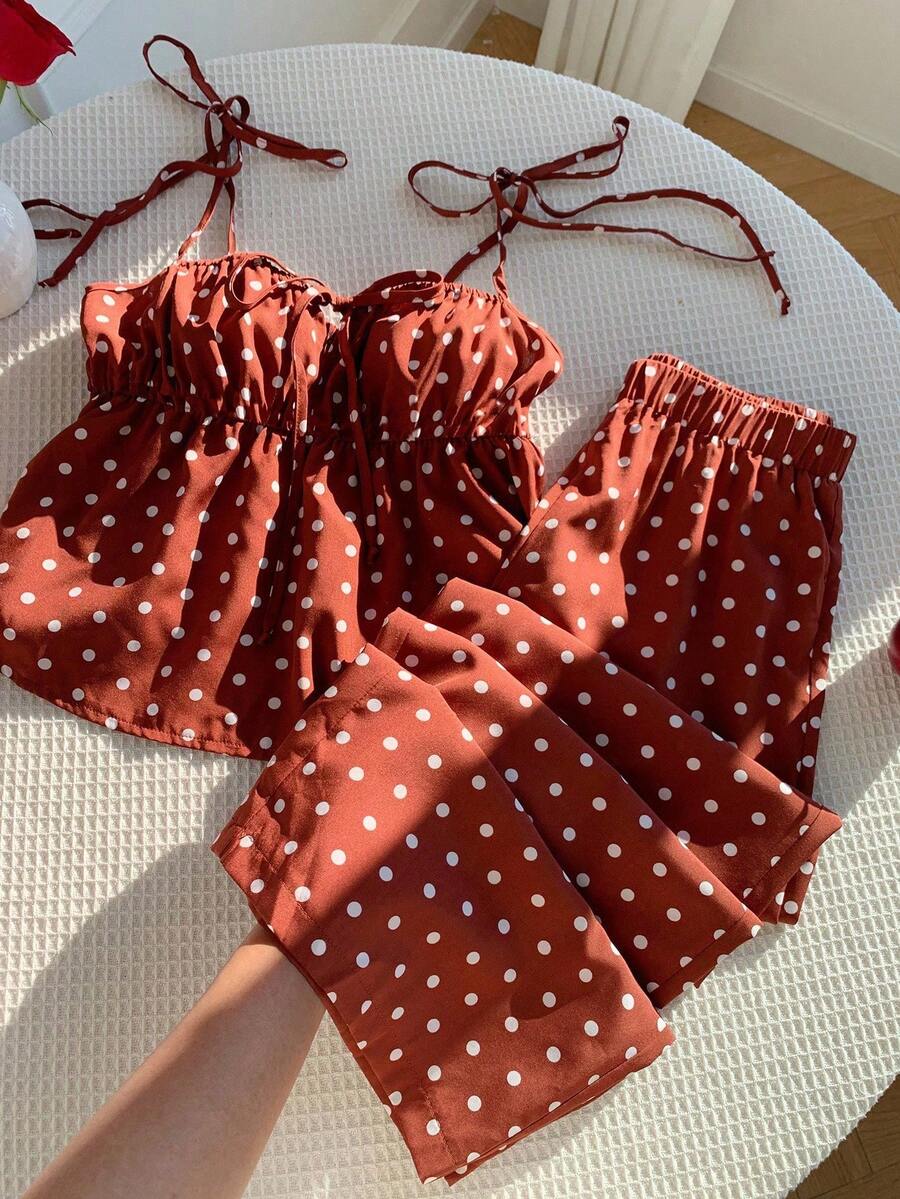 Comfortcana 大码女式波点印花吊带背心和裤子两件套，可爱波点两件套，适合夏季和万圣节 - 棕色 - 查看 1