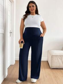 Plussiva 大码孕妇纯色斜插口袋休闲直筒裤 - 藏蓝色 - 查看 3