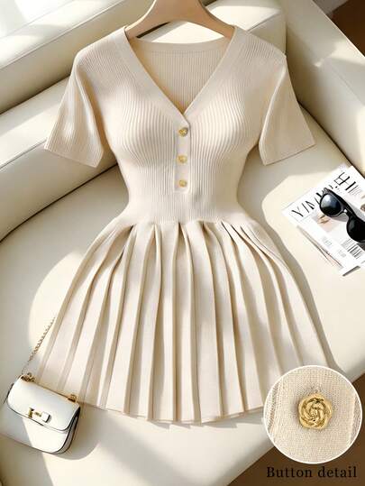 Franclia Women's Casual Elegant Daily Versatile Solid Color V-Neck Straight Shoulder Regular Short Knit Sweater Dress, Plus Size Slim Fit Short Sleeves Metallic Rose Buttons Umbrella-Shaped Pleated Hem Design Elegant Skirt, Vacation Outfit Short Sleeve Dress, Spring Summer