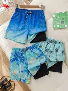 SHEIN Bộ 1 quần short đi biển 2 trong 1 dành cho bé trai tuổi teen, in hình cây dừa nhiệt đới, thích hợp cho kỳ nghỉ, sinh hoạt hàng ngày, đi học, du lịch, thể thao, mùa xuân và mùa hè. - Nhiều màu - Xem 2