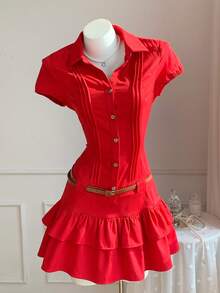 Comfortcana Women's Red Summer Cute Everyday Solid Cap Sleeve Single-Breasted Pleated Casual Shirt Dress,Festival Spring Outfit,Easter Beach Vacation Y2k Work - Red - View 4