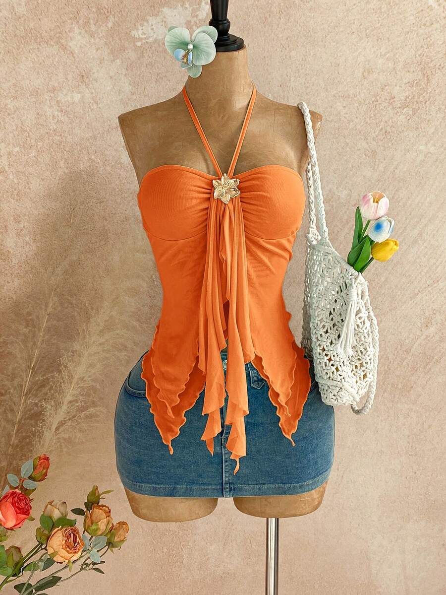 Soleia 女士不对称下摆吊带背心，饰有贝壳图案，适合海滩度假和夏季穿着 - 橘色 - 查看 1