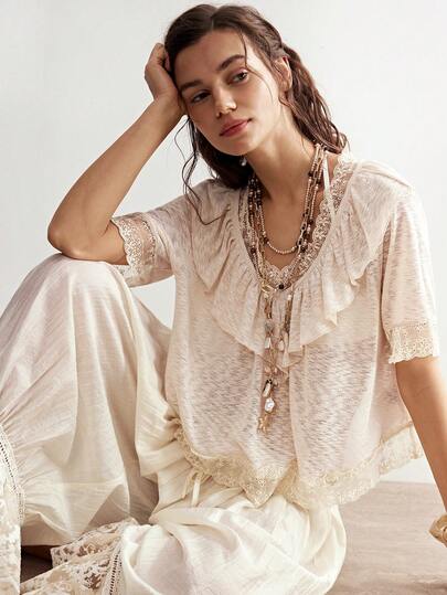 Bohemela Women's Casual Vacation Solid Color Ruffled Loose Knit Top, Spring/Summer,Summer Top