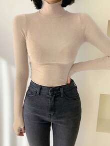 DAZY 女士长袖立领T恤，秋季女装立领女装 - 杏色 - 查看 5