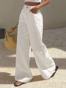 Livesso Petite Jeans de pierna ancha de unicolor versátiles y casuales para mujer, verano - Blanco - Ver 2