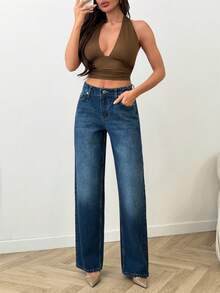 SHEIN Pantalón vaquero de pierna recta y suelta, de cintura baja, lavado azul, 100% algodón, estilo casual - Azul lavado medio - Ver 6