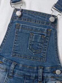 SHEIN Young BoyNavy Blue Denim Elastic Suspender Shorts - Light Wash - View 4