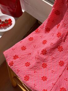 SHEIN EZwear 大码女式夏季海滩度假风印花刺绣吊带裙 - 紅色 - 查看 3