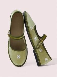 CUCCOO DOLLMOD Women's Shoes Classic Black Flower Embroidery Velvet Bow Flats Mary Jane - Green - View 1