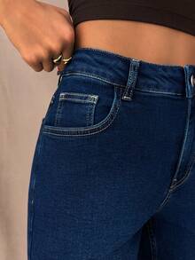 SHEIN Cottnline Slim Fit Mid-Length Denim Shorts, - Dark Wash - View 7
