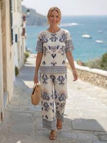 EMERY ROSE Women's Casual Vacation Printed Top & Pants 2 Pieces Set - Multicolor - View 1