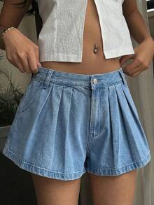 Sunnyshic Quần short denim ống rộng xếp ly thời trang mùa hè dành cho nữ. - Rửa nhẹ - Xem 5