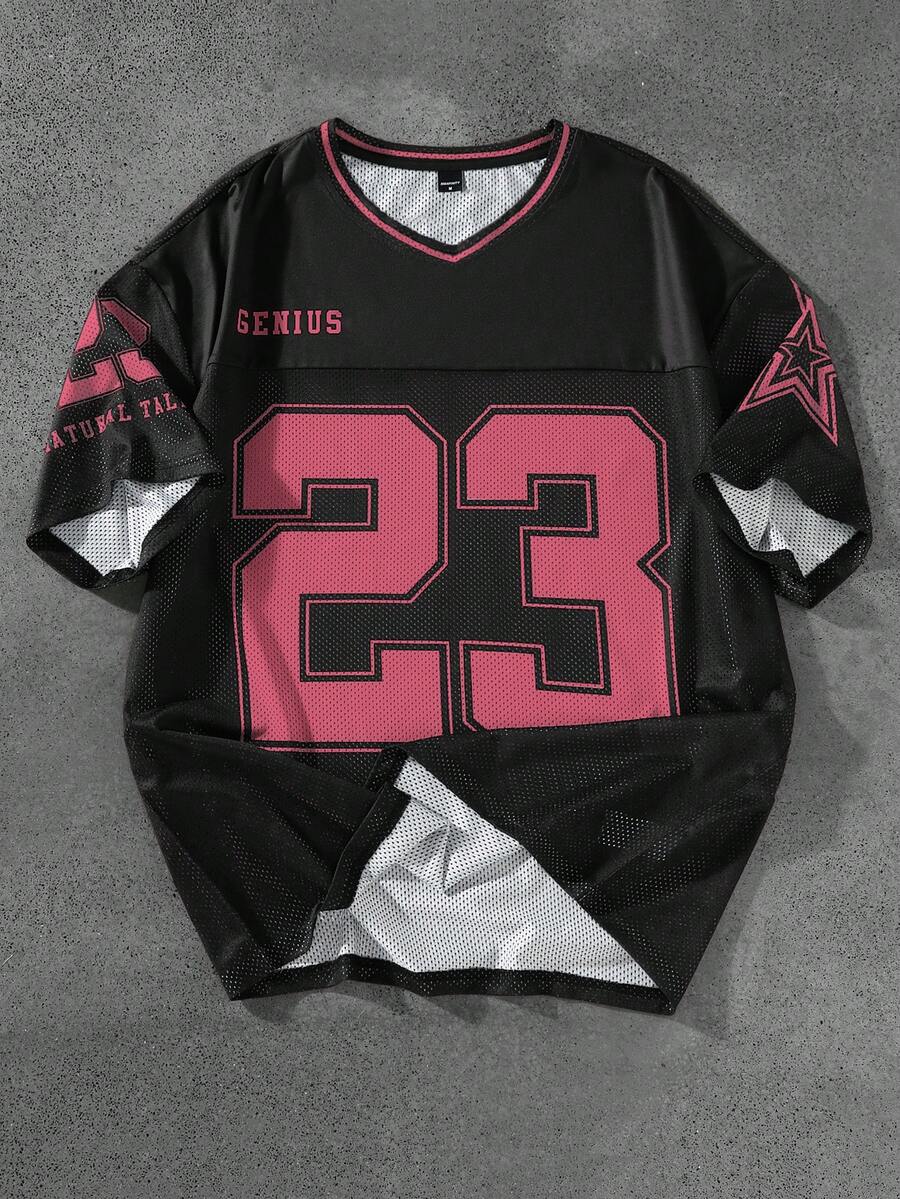 Aesthetic Post 男士休闲T恤，运动数字印花 - 黑色 - 查看 1