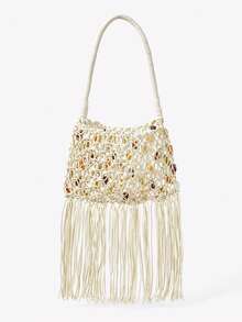 Viva Strut 女士单肩包、流浪包、钩针编织包，饰有流苏和串珠，时尚、优雅、简约、个性化、百搭，适合海滩、度假、假日、夏季、海边、沙滩派对等场合 - 米白色 - 查看 4