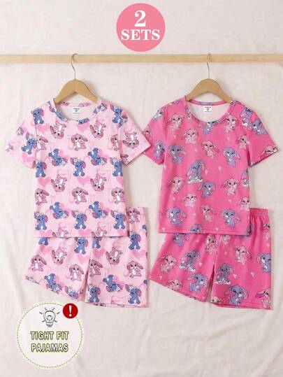 4pcs/2sets Toddler Girls' Sweet Cute Bunny & Heart Print Fuchsia & Rose Red Knitted Crew Neck Short Sleeve Top And Shorts Pajama Set, Comfortable Casual Spring/Summer
