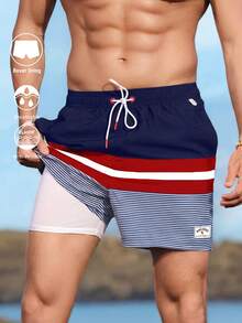 Zalmeno Men Loose Striped Beach Shorts In Vacation Style Milk Silk Lining - Red and White - View 1