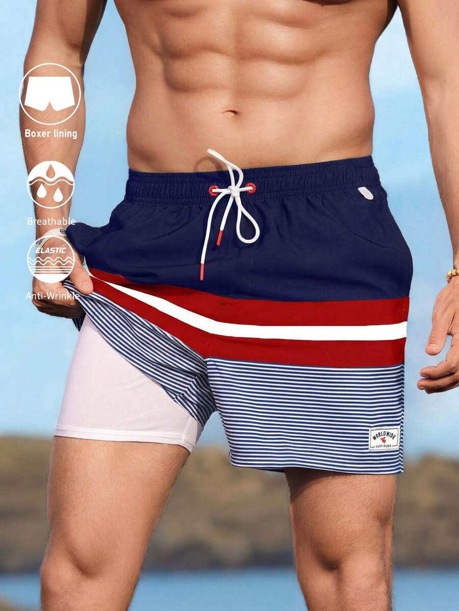 Zalmeno Men Loose Striped Beach Shorts In Vacation Style Milk Silk Lining - Red and White - View 1