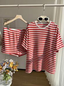 Comfortcana Schwarz-Weiß gestreiftes Casual 2 Stücke Set, bequem für Frühling/Sommer - Rot-Weiß - Übersicht 5