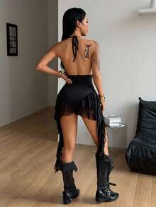 Coolane Women's Spring/Summer Concert Outfit Party Y2K Casual Stretchy Ruffle Fringe Backless Halter Bodysuit - Black - View 2