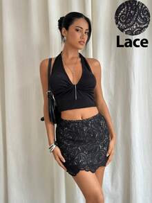 Siren Gaze 优雅通勤蕾丝中长裙，适合春夏穿着 - 黑色 - 查看 3