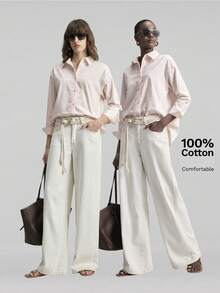 Ontre 女士浅杏色舒适柔软面料修身落肩长袖露背针织点缀时尚度假休闲低调复古高端邮轮装中东简约奢华感必备时尚商务休闲都市通勤高品质机场装四季百搭度假系列衬衫 - 淺粉色 - 查看 7