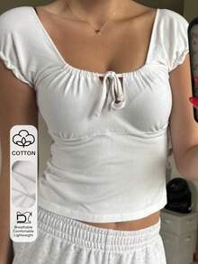 DAZY Women's White Cotton Drawstring Square Neck Fitted Short Sleeve T-Shirt, Summer - White - View 1