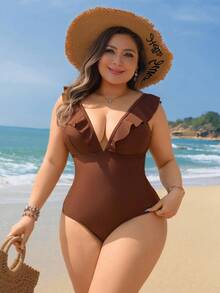 Swim Lushoire Traje de baño de una pieza para mujer talla grande 2026 de nuevo unicolor marrón, de moda, para vacaciones, uso diario y casual, con cuello alto con volantes, tirantes gruesos ajustables, escote en V profundo, espalda descubierta y cintura con lazo, que estiliza la figura - Marrón - Ver 4