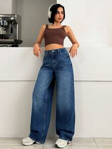 SHEIN LOW WAIST WIDELEG DARK BLUE WASH STREET WEAR JEAN CASUAL - Dark Wash - View 4